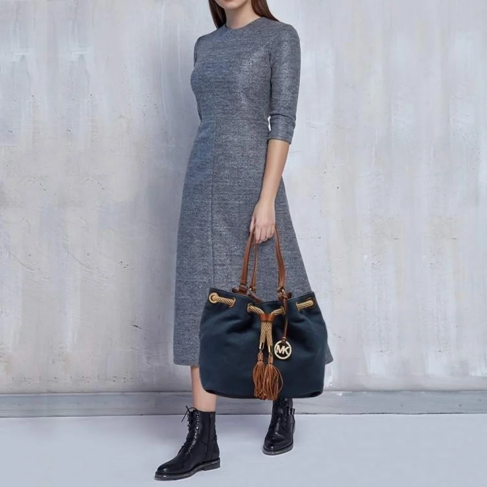 Michael Kors Navy Blue/Brown Canvas Marina Drawstring Tote - Picture 2 of 9